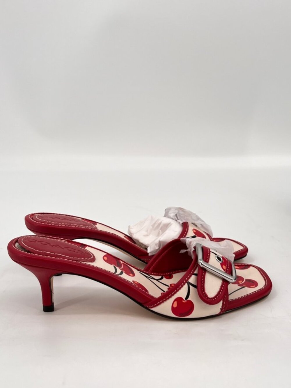 COACH Margot Sandal Red Cherry Print Leather Buckle Strap Kitten Size 6 - Picture 5 of 16